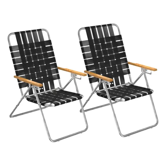 Combo Sillon Reposera Alta Playa 130kg Reforzada Aluminio X2 Negro