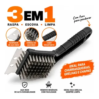 Original Line Escova Limpa Grelha 3 Em 1 Aço Inox Raspador Churrasque