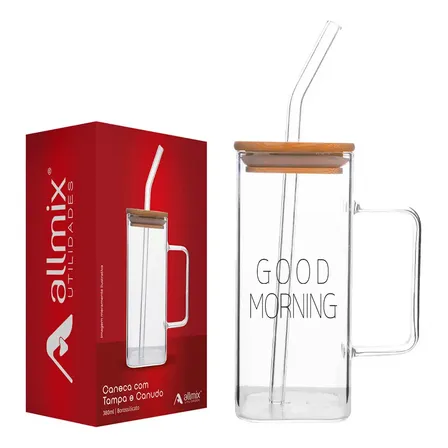 Caneca De Vidro Quadrada Com Tampa De Bambu E Canudo 380ml Transparente Good Morning