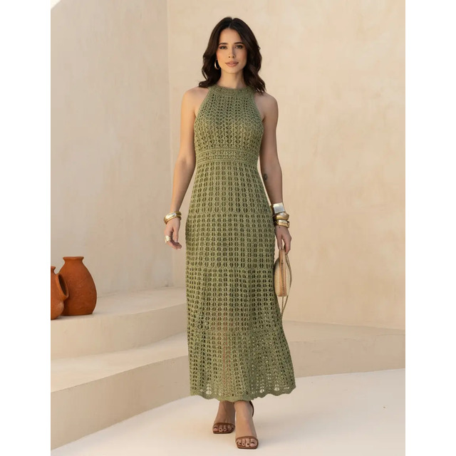 Vestido Lt Tricot Midi Feminino Sem Manga Elegante