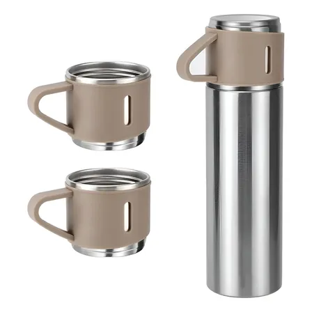 Caneca Kit Garrafa Térmica Vacuum Bottle Inox 500ml + 3 Xíca Prateado