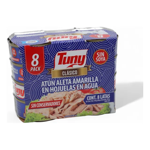 8 Pack Atun Tuny Clasico En Agua Lata 140 Gr Hojuelas C/u