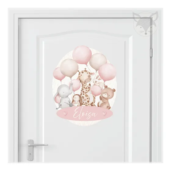 Vinilo Decorativo Puerta Infantil Con Nombre Animales Globos