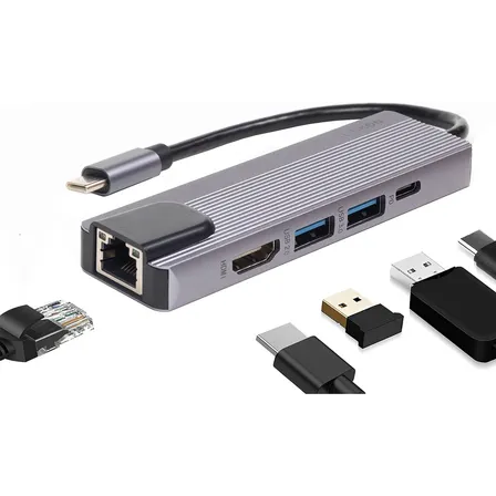 Hub Adaptador Usb Tipo C 5 En 1 Linkon 1000 Mbps Mac Windows Aluminio