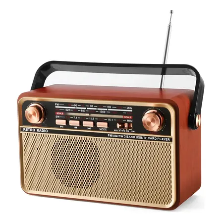 Radio Retro Am Fm Sw Usb Tf Bluetooth Recrgable Y Control Marrón