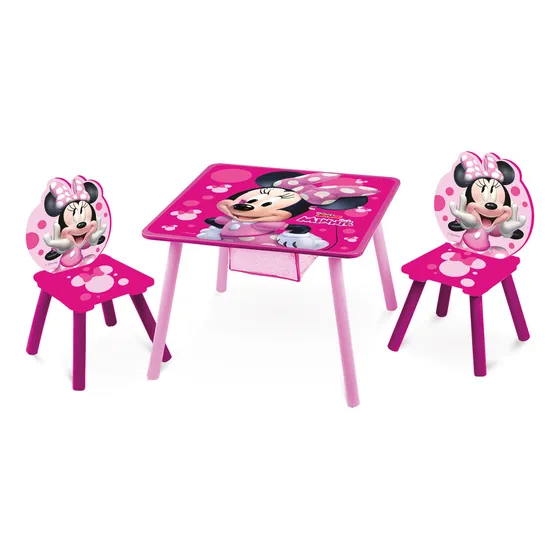 Kids House Mesa para Niños de Disney Hecha de Madera con Almacenamiento y Dos Sillas para Niños, Perfecta para La Diversión, con Tus Personajes de Minnie Mouse Favoritos, Estimula La Creatividad