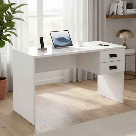Escrivaninha Londres 118cm 2 Gavetas Corrediça Telescópica Mdf Mdp Mesa Para Computador Home Office Cor Branco