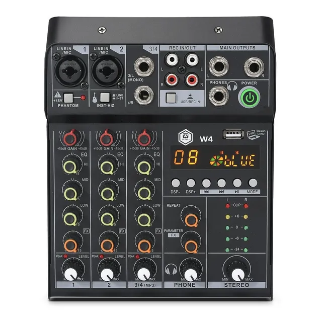 Winmix Mezclador de Audio 4 Canales con 16 Efectos DSP, DJ Mezcladora de Sonido USB Interfaz Bluetooth, 48VPhantom Power, Consola de Audio Mezcladoras para Estudio,DJ, Escenario, Fiesta