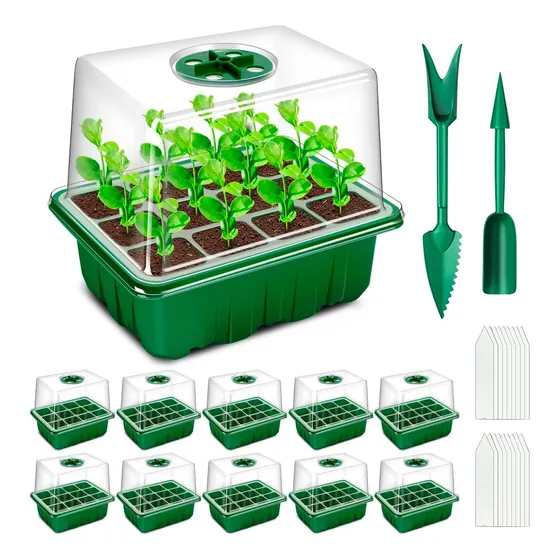 Costa Set De 10 Bandejas De Germinación De Semillas, Macetas Para Sembrar, Bandejas De 120 Celdas Con Cúpula De Humedad Y Tapa, Bandejas De Cultivo Ideal Para Invernadero Y Jardinería (verde)