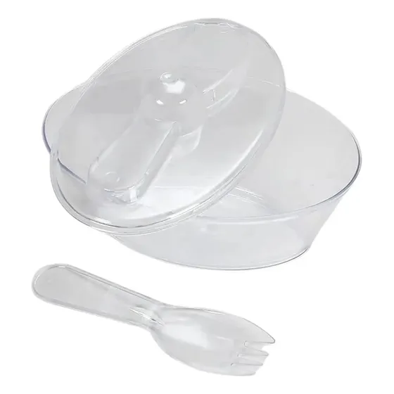 Compotera Bowl Pote Ovalada Con Tapa Y Tenedor Descartables 180ml X10 Unidades Transparentes
