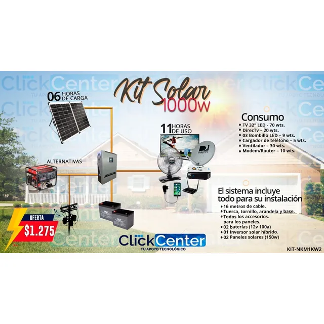 Kid De Panel Solar Nkm Mppt 1kw 2-bateria 100a 2-panel 1000w