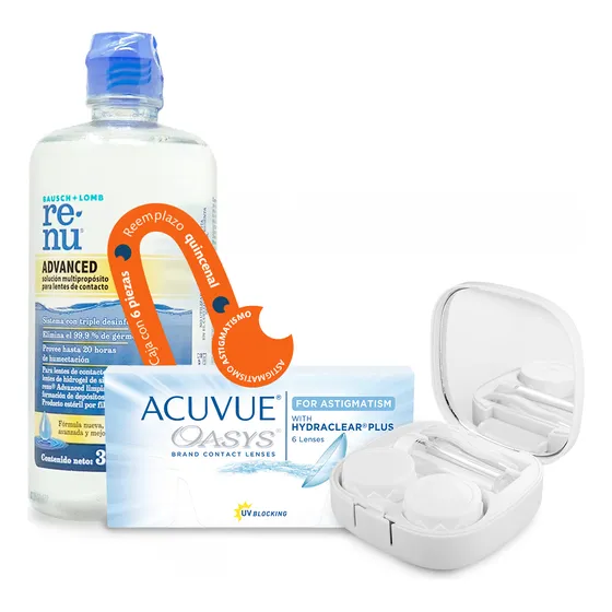 Combo Lentes De Contacto Para Astigmatismo Acuvue Oasys Toricos Johnson & Johnson | 6 Lentes De Uso Quincenal Con Tecnología Hydraclear Plus | Incluye Solucion Renu Advanced 355mL y Estuche Optioutlet