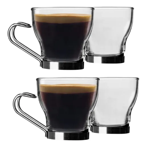 4 Tazas Vidrio+ Asa Metálica 200cc Café Espresso Allegra