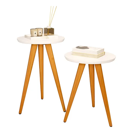 Duas Mesinhas Redonda Canto Lateral Sofa Sala Tripé Lindas House Store Mesa Apoio Retrô Branco