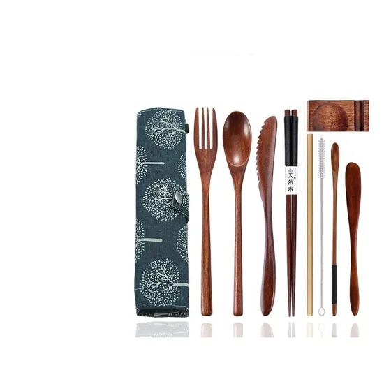 Set Cubiertos Premium  De Bambú Reutilizables Para Viajes
