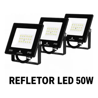 Kit 3 Refletores Holofote Led 50w 6500k Branco Frio Ip65 127/220v Preto Branco-f