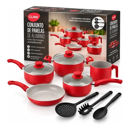Jogo De Panelas Vermelho Antiaderente Ceramico Clink 8 Peças Vermelho