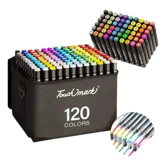 Kit 120 Caneta Marcador Estojo Canetinha Ponta Dupla Touch 