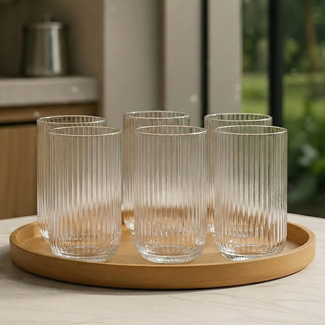 Jogo 6 Copos De Vidro Canelado Cameratta Versalhes Graffiato Transparente 450ml Luxo Conju...