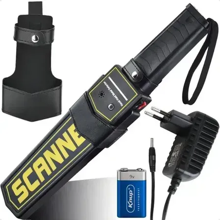 Detector De Metais Manual Portátil Com Fonte Carregador E Bateria 9v Recarregável Sensor Scanner Profissional Cor Preto Ex Decor Carregador E Pilha
