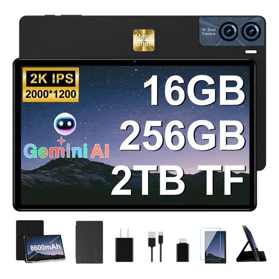 Tableta Goodtel 11 Pulgadas 2k Pantalla 2000x1200 Android Tablet 16GB Ram 256GB Rom 8600mAh WIFI 5G+2.4G Octa-Core Bluetooth 5.0 Cuerpo de metal con Funda -Negro