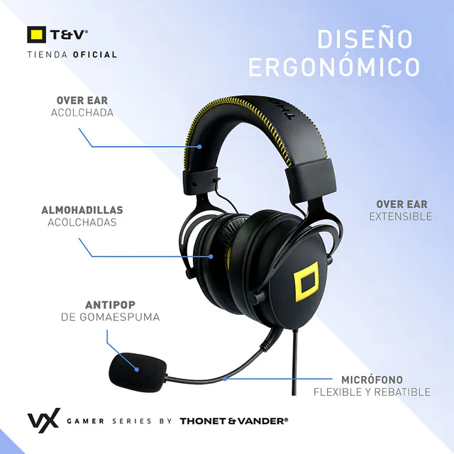 Auricular GamerThonet & Vander VX730 con Micrófono Desmontable Color Negro Luz Nude