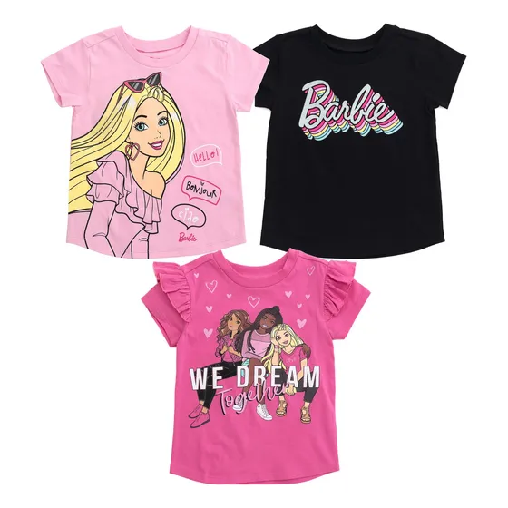 Paquete De 3 Camisetas Barbie Para Niñas Pequeñas, Rosa/negr
