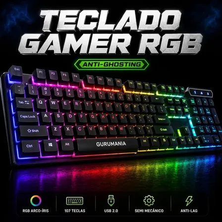 Teclado Gamer Gurumania Semi Mecanico Rgb Led Anti-Ghosting Usb Pc Xbox PS4 PS5