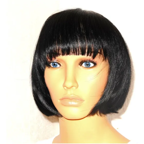 Peluca Cabello Humano Clásica Pelo Natural Negro Flequillo