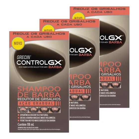 Kit 3 Shampoo Tonalizante para Barba Grecin Control GX para Barbas Grisalhas 118ml