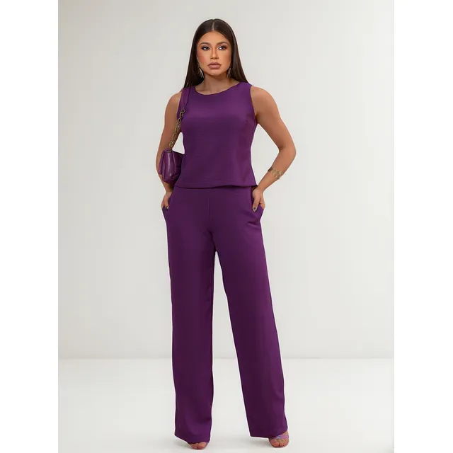 Conjunto Alfaiataria Calça Wide Leg E Blusa Regata Elegante