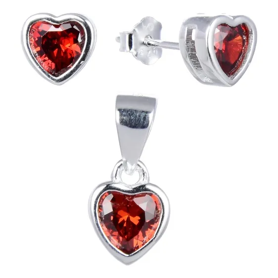 Juego De Corazón Rojo En Plata 925