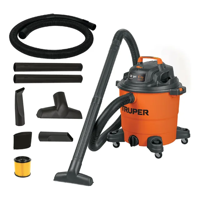 Aspiradora Truper Seco Mojado 12 Gal 5 HP 127 V 60 Hz Filtro Lavable Accesorios Incluidos Ideal para sólidos, líquidos y limpieza profesional ASP-12 Color Naranja