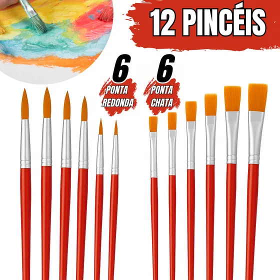 Kit 12 Pincéis Pintura Artesanato Ponta Fina Redonda E Chato Gurumania
