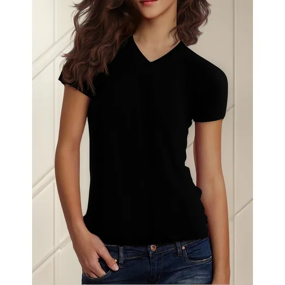 Camiseta Camisa Baby Look Gola V 100% Algodão Varias Cores