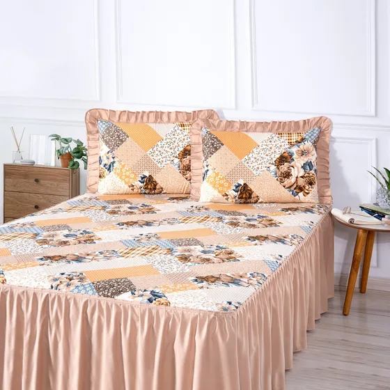 Kit Cobre Leito Colcha Casal Estampado 3 Peças C/ Babado