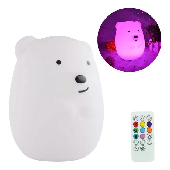 Lámpara Velador Infantil Silicona Luz Noche Oso Rgb Remoto Estructura Blanco Pantalla Blanco