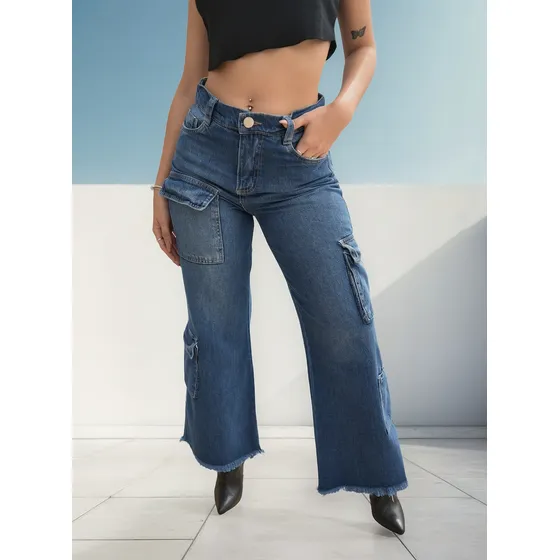 Pantalón Mujer Anyver Jeans Wide Leg Cargo Denim Desflecado