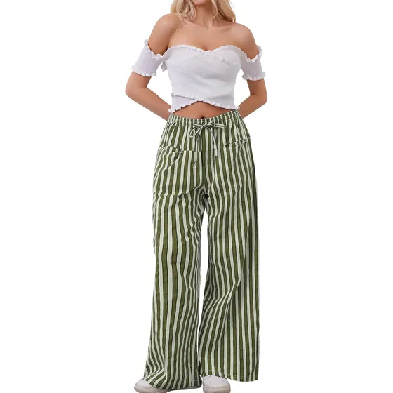 2025 Women's Drawstring Striped Wide Legs Casual Pants