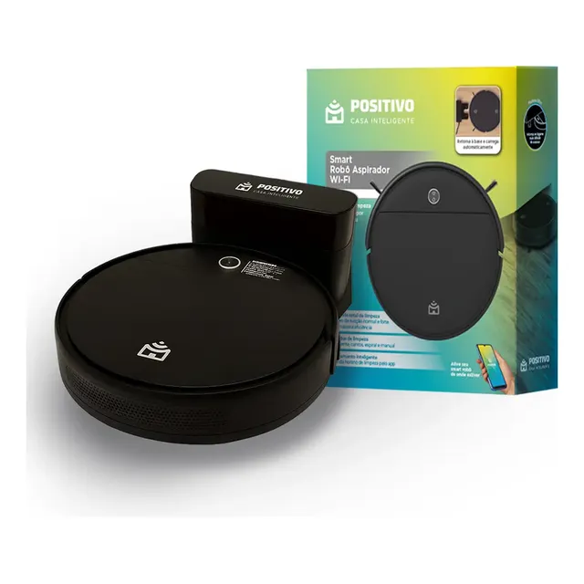 Smart Robô Aspirador Wi-fi Pra90 Positivo Casa Inteligente, 3 Em 1, Varre/aspira/passa Pano, Retorna Para Base, Controle Por App E Comando De Voz (alexa E Google Assistente) Preto 127/220v