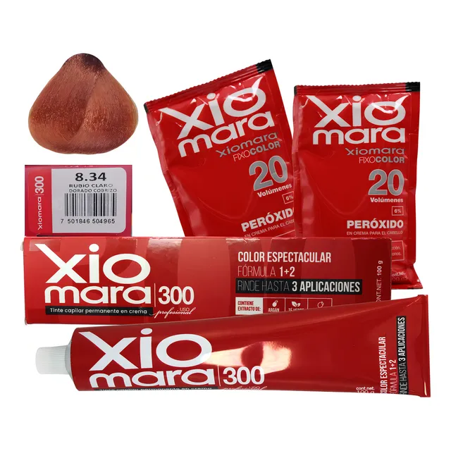 Tinte Para Cabello Xiomara 300 + 2 Peróxidos. Matizador Tono 8.34 rubio claro dorado cobrizo