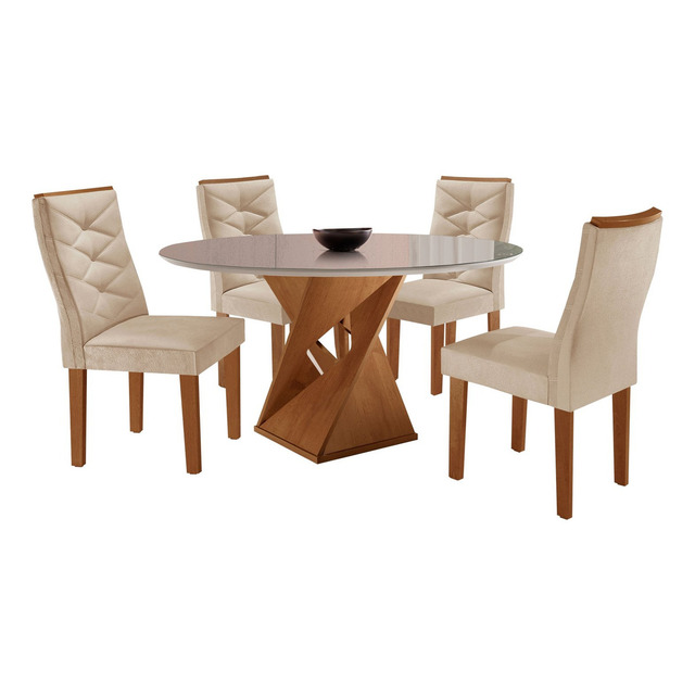 Conjunto Sala De Jantar Mesa Tampo Redondo Plus Vidro 100cm Conjunto Sala De Jantar Mesa Tampo Redondo Plus Vidro 100cm