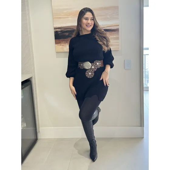 Vestido Tricot Midi Fio Mousse Com Fenda Manga Longa Inverno