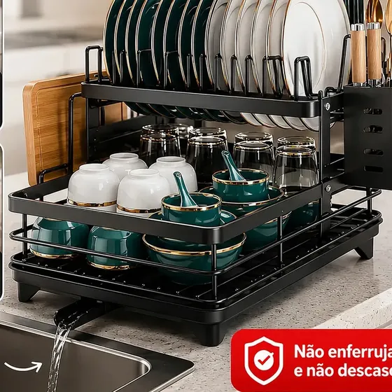 Escorredor de Louça Inoxidável 2 Andares Drenagem Automática Bandeja Grande 360º Organizador Pia com Porta Talheres Tigelas Pratos VYROX