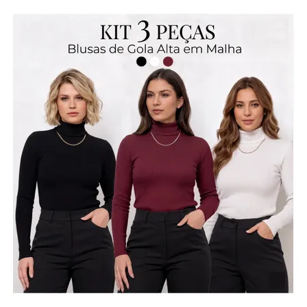 Kit 3 Blusas Feminina De Frio Manga Longa Gola Alta Elegante Marsala - Preto - Off White Canelado 38 - P