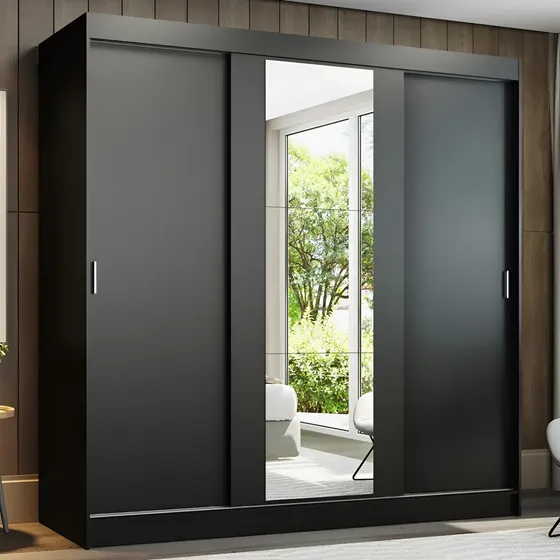 Guarda-roupa Casal Madesa Reno 3 Portas de Correr com Espelho - Preto