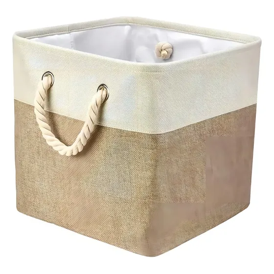 Caixa Cesto Organizador Tecido Linho Dobrável 33x33x33cm Cor Bege