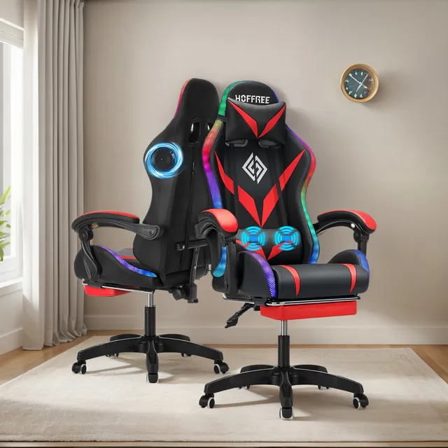 Silla De Juegos Ergonómica Con Altavoces Y Luces Led Roja Y