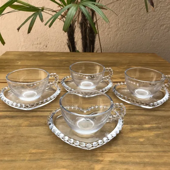 Conjunto 4 Xícaras C/pires Coração Bolinha Cristal Chá