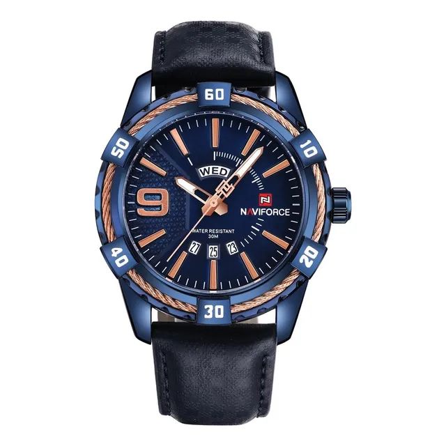 Reloj Naviforce Nf9117lbebe Hombre Cuero Azul Analógico Correa Azul Oscuro Bisel Oro Rosa Fondo Azul Oscuro